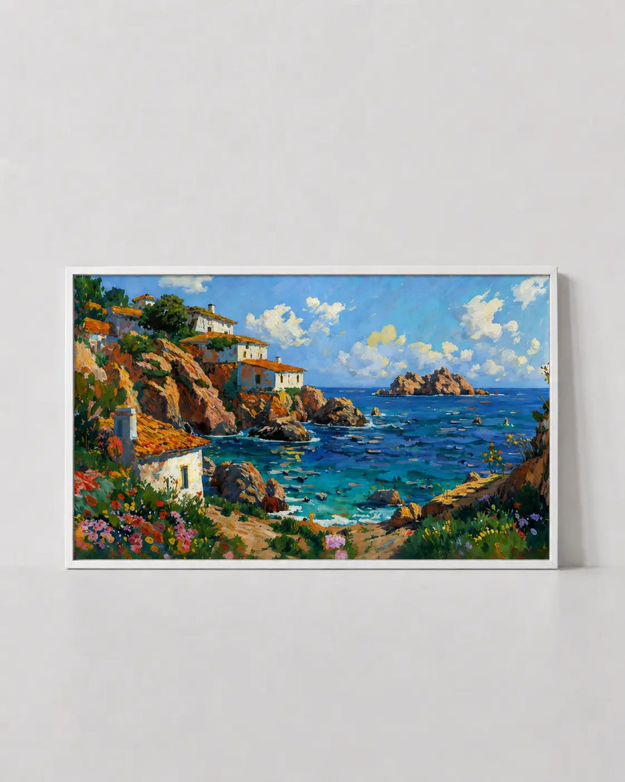 Póster de arte mural de paisaje en marco blanco con casas costeras y océano azul