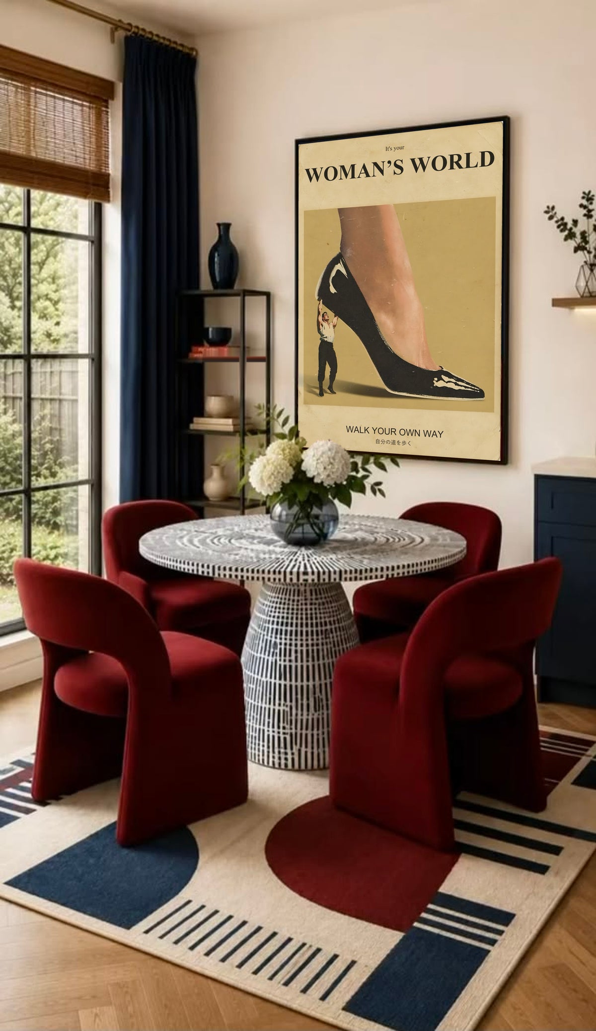 Framed high-heel wall poster with mustard panel and walking figure, in black frame