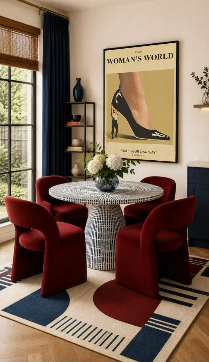 Framed high-heel wall poster with mustard panel and walking figure, in black frame