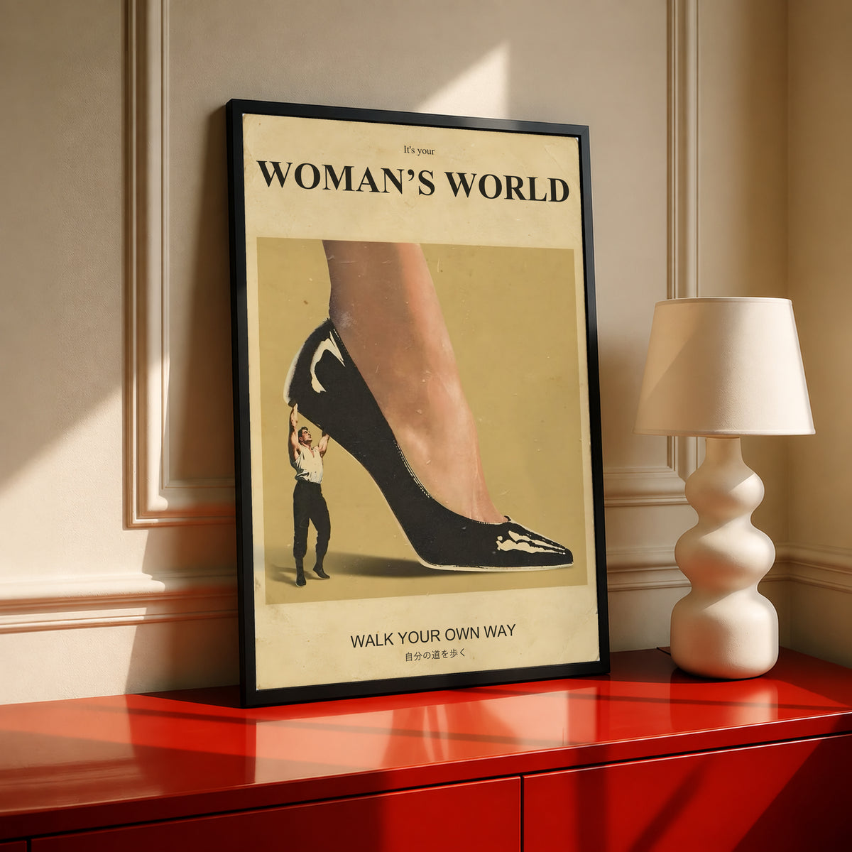 Black-framed high-heel wall poster with mustard background and walking figure
