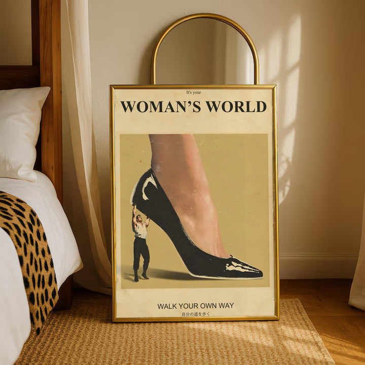 Gold-framed high-heel wall poster with mustard background and walking figure