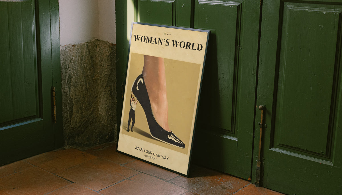 Framed high-heel wall poster with mustard artwork and walking figure, white frame