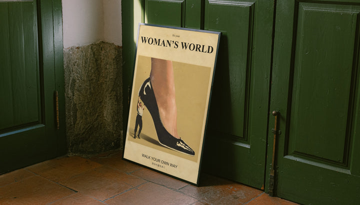 Framed high-heel wall poster with mustard artwork and walking figure, white frame