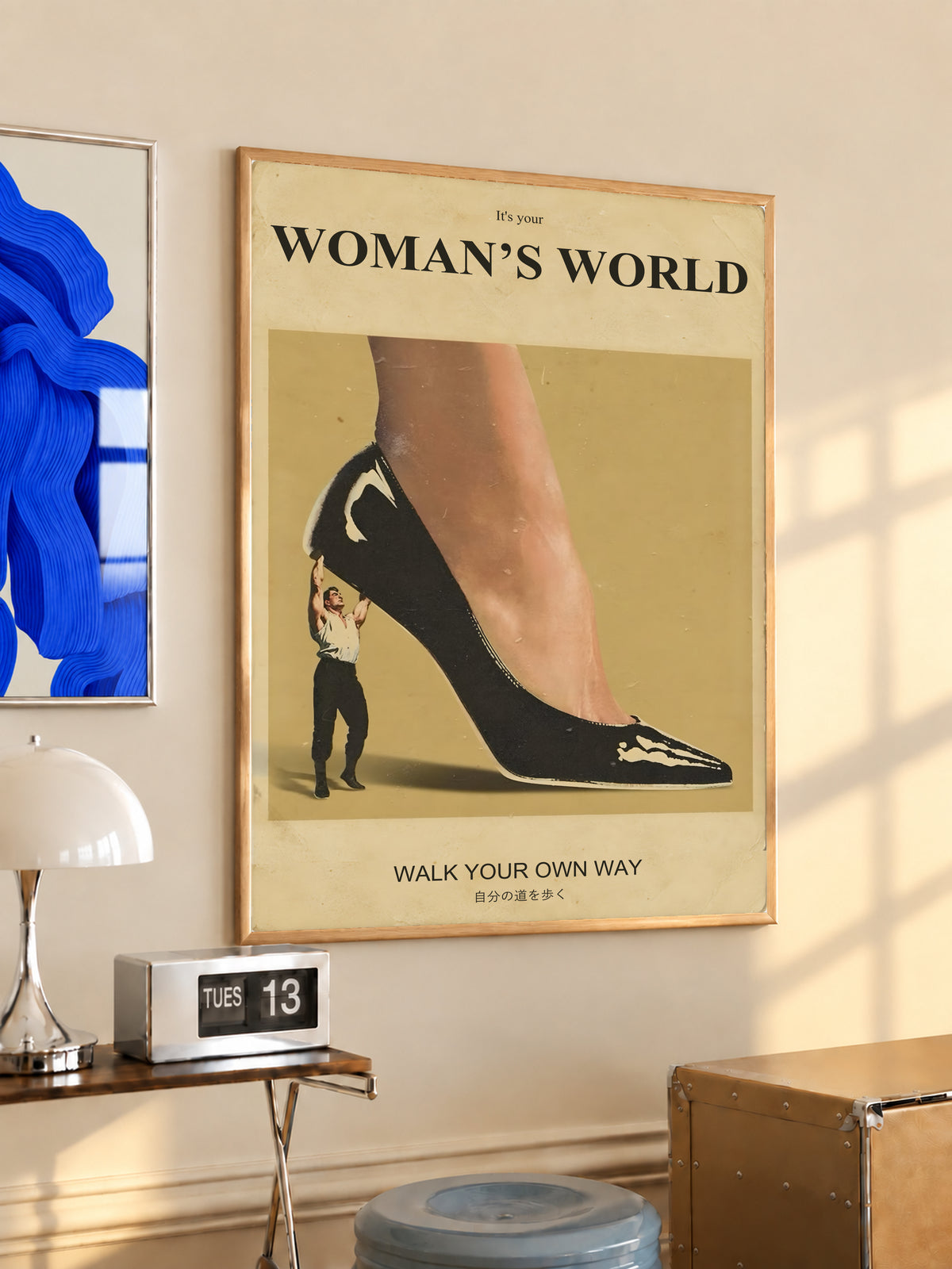 Framed high-heel wall poster with mustard background and walking silhouette, wood frame