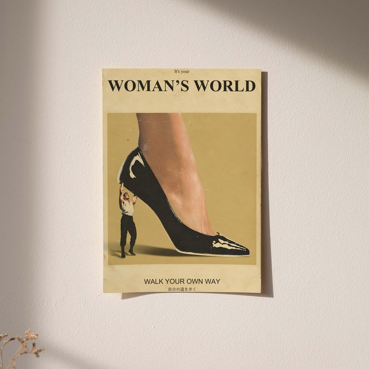 Framed wall poster with high-heel shoe illustration, mustard background and walking figure