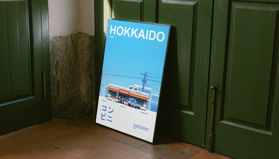 Blue and white HOKKAIDO poster with train convenience store graphic, black frame