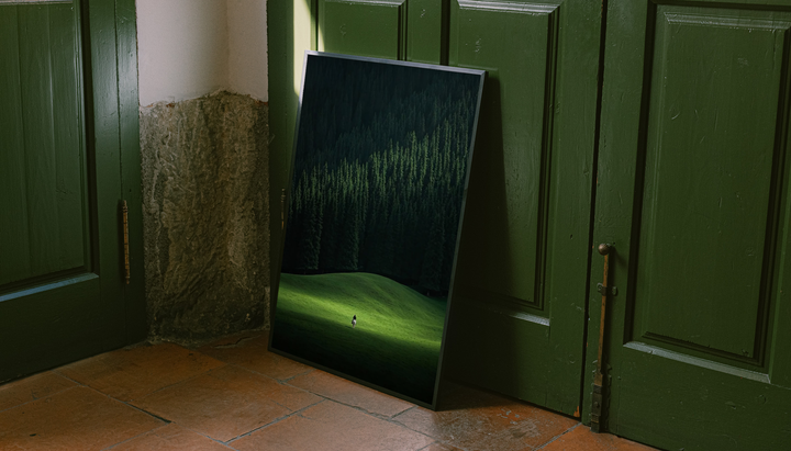 Horse Rider Forest Wall Art shown as a canvas leaning beside green panels on a wooden floor.