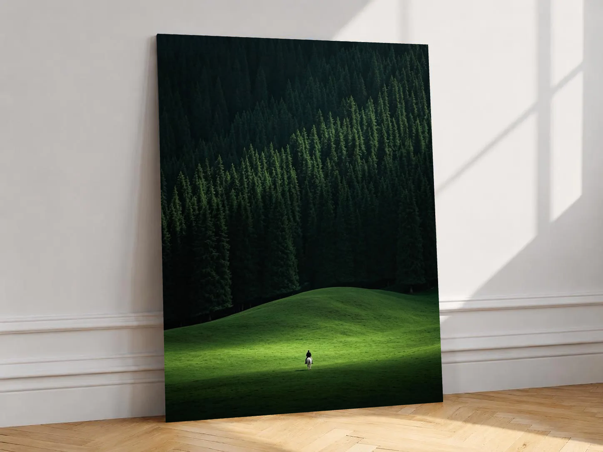 Canvas artwork depicting small rider on a white horse below a dense pine forest, leaning against a white wall in angled sunlight.