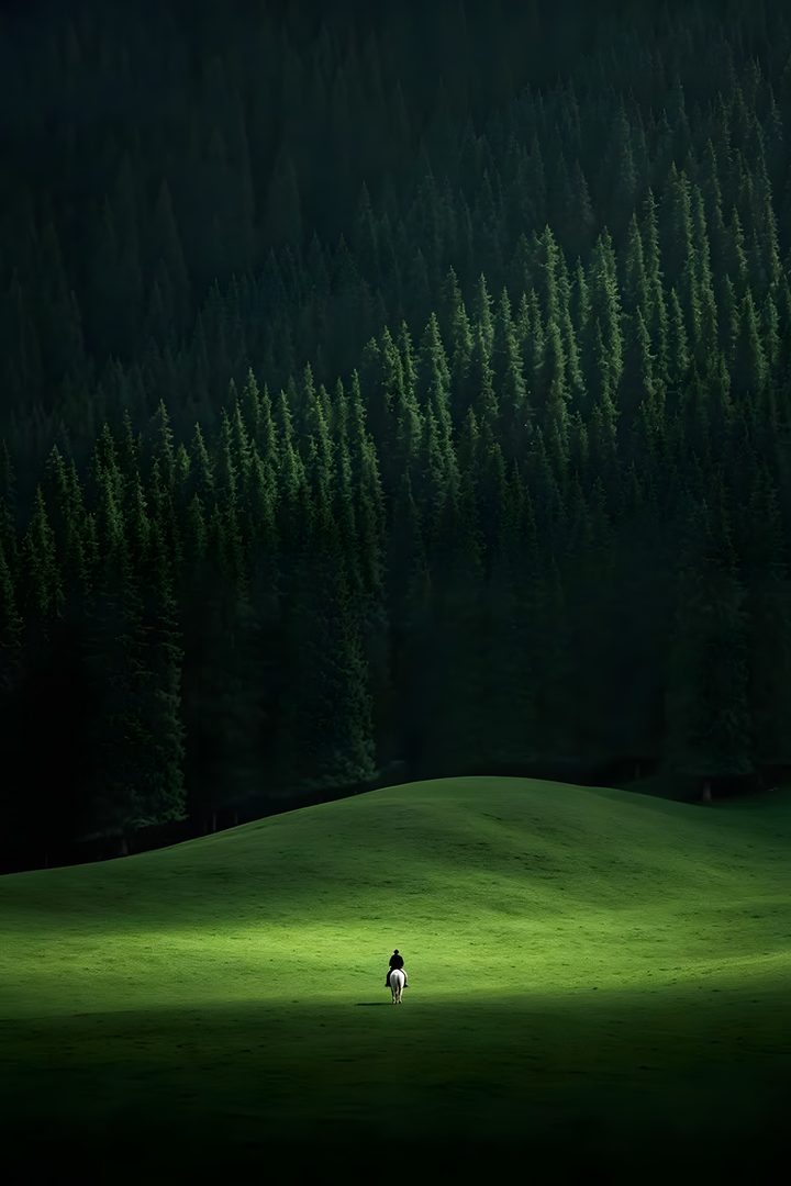 Small rider on a white horse below a dense pine forest in pine green, lime green, white.