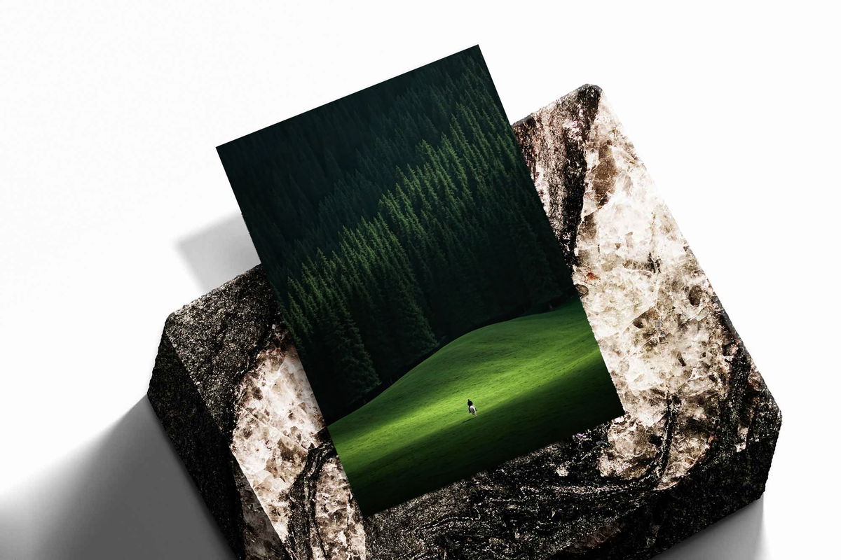 Unframed artwork depicting small rider on a white horse below a dense pine forest, presented diagonally on rough stone.
