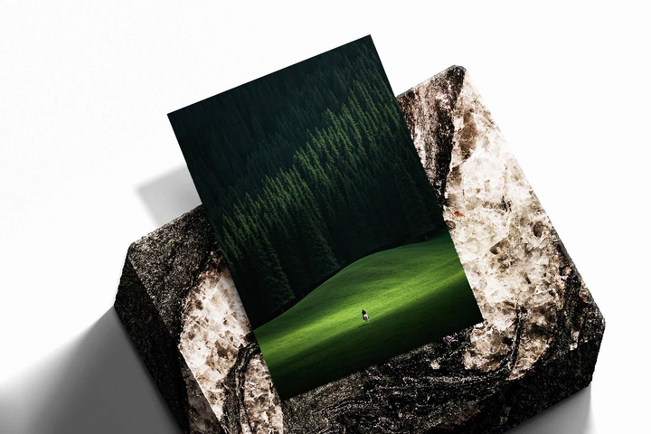 Unframed artwork depicting small rider on a white horse below a dense pine forest, presented diagonally on rough stone.