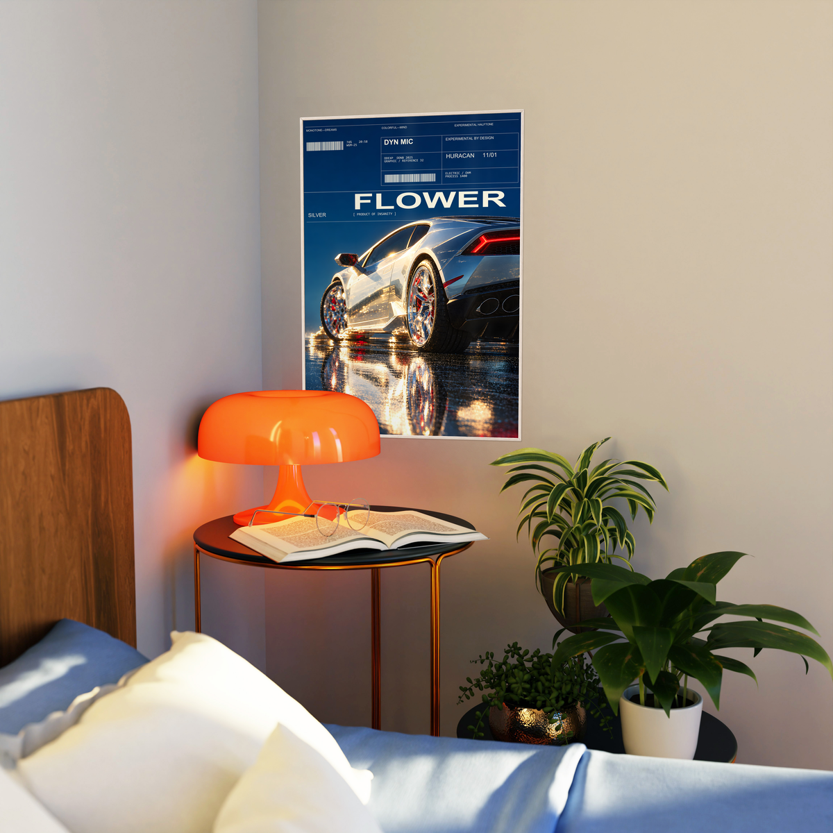 Silver Huracan with flowers around the rear wheel and night reflections; artwork styled in a living room