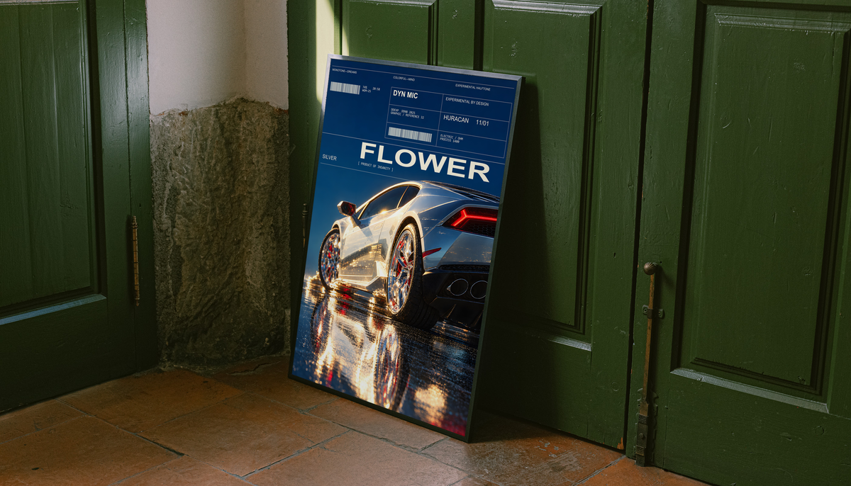 Silver Huracan with flowers around the rear wheel and night reflections; unframed canvas styled by a green doorway