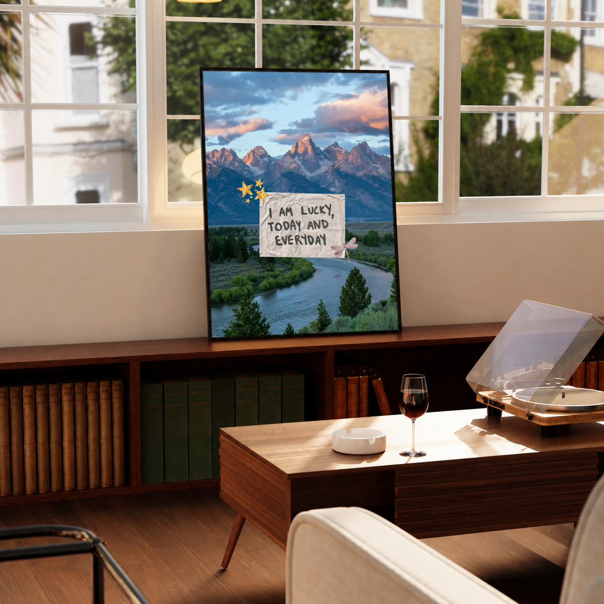 Framed affirmation poster with mountain river scene and quote 'I am lucky, today and everyday'.