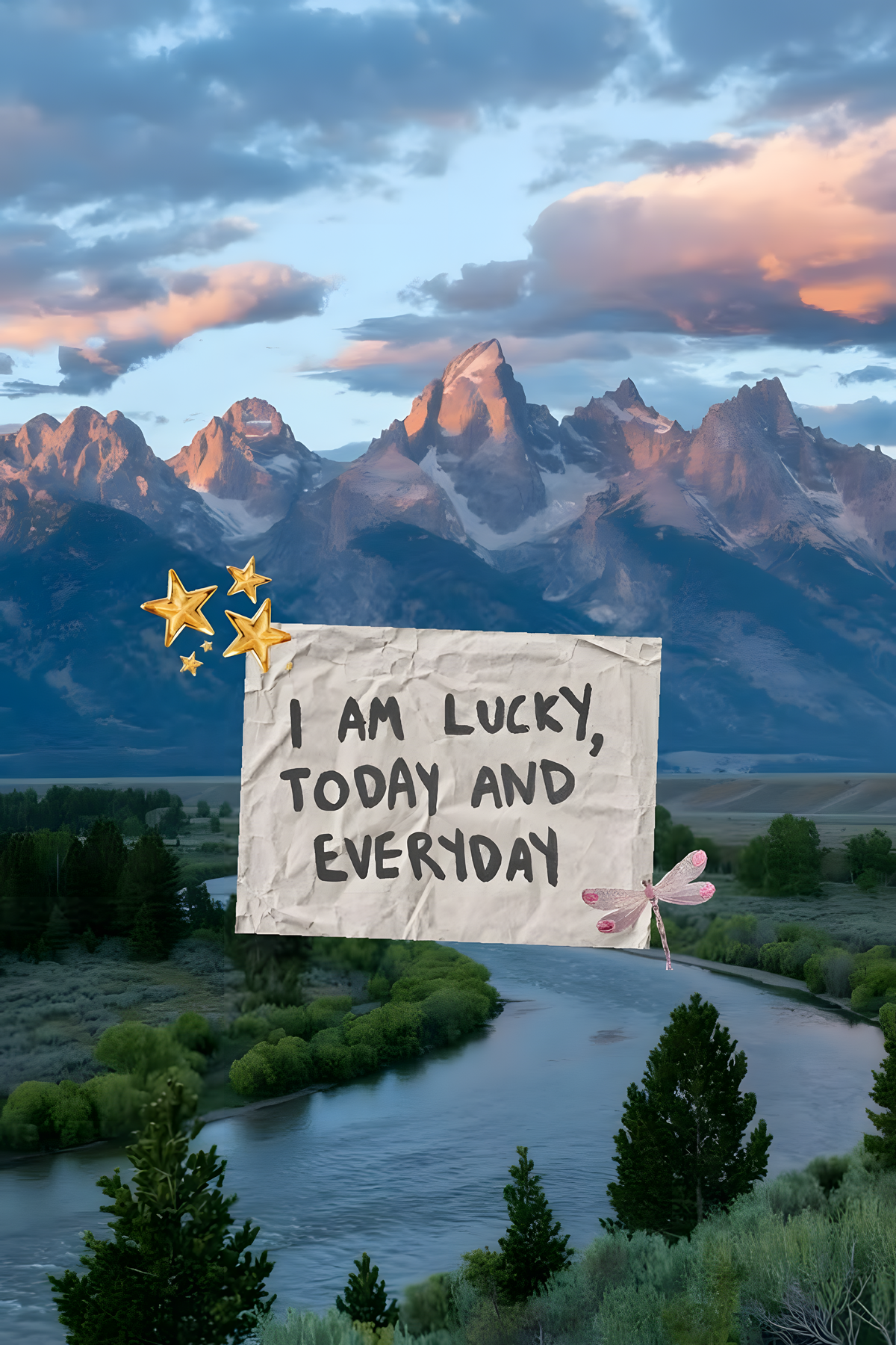 Mountain and river scene behind a lucky affirmation note in green, blue gray, paper cream with I AM LUCKY, TODAY AND EVERYDAY lettering.