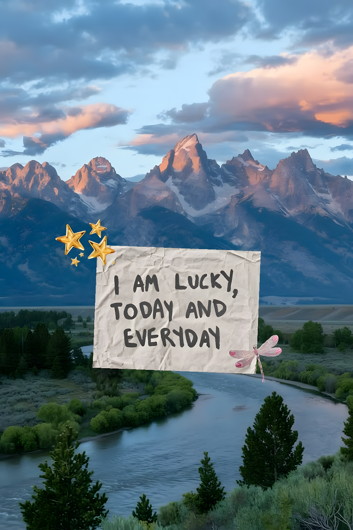 Mountain and river scene behind a lucky affirmation note in green, blue gray, paper cream with I AM LUCKY, TODAY AND EVERYDAY lettering.