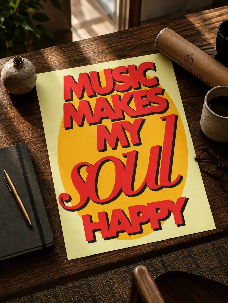 Music quote poster on a desk with yellow background and bold red stacked lettering.