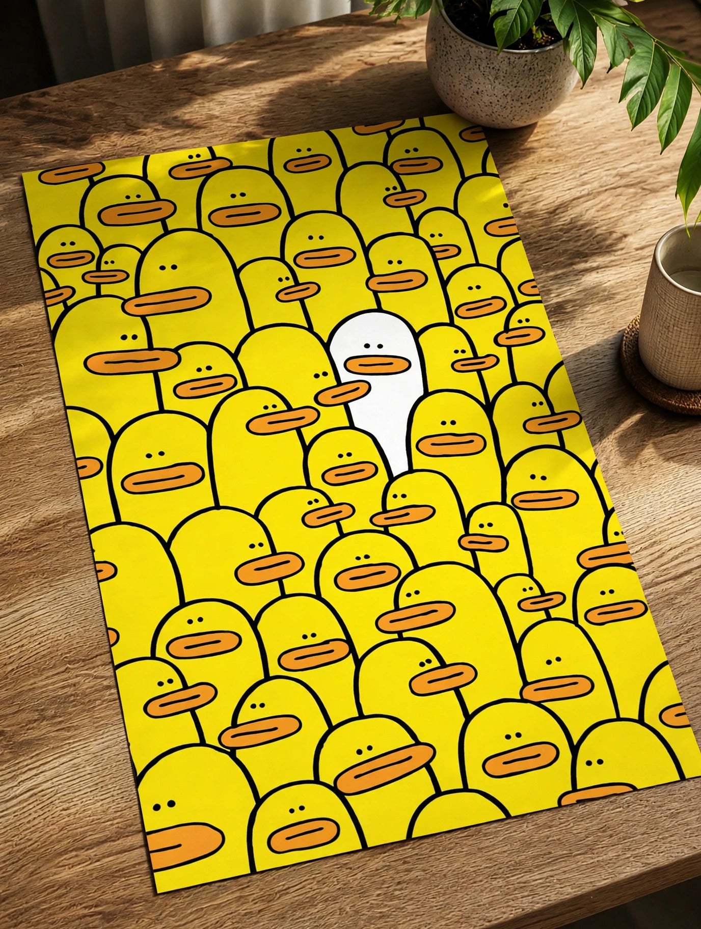 Yellow character-face pattern poster print laid on a tabletop.
