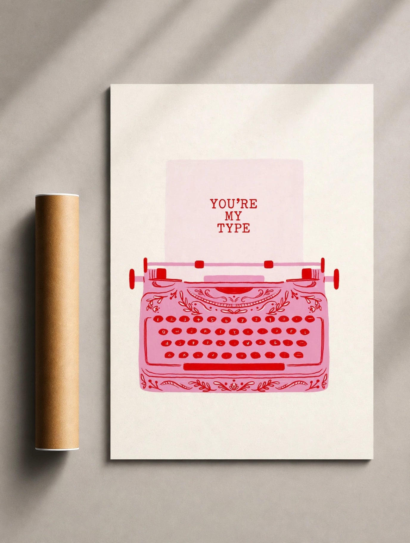 Typewriter Print combining a vibrant pink typewriter with playful typography to create charming romantic wall décor.