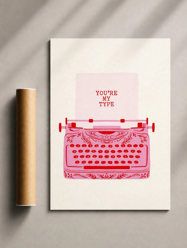 Typewriter Print combining a vibrant pink typewriter with playful typography to create charming romantic wall décor.