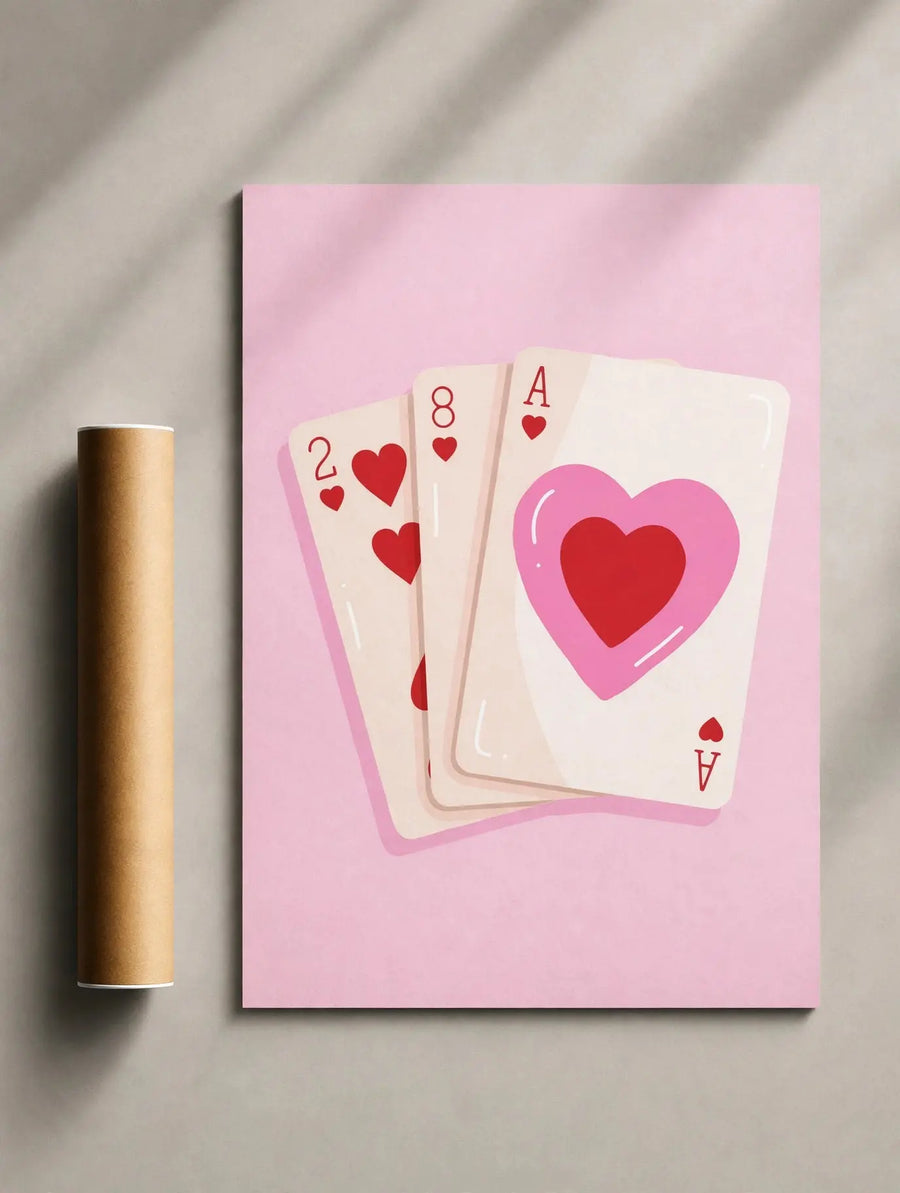 Rosa Spielkarten-Liebesposter mit Herz-Kartenmotiven und Kartensymbolen