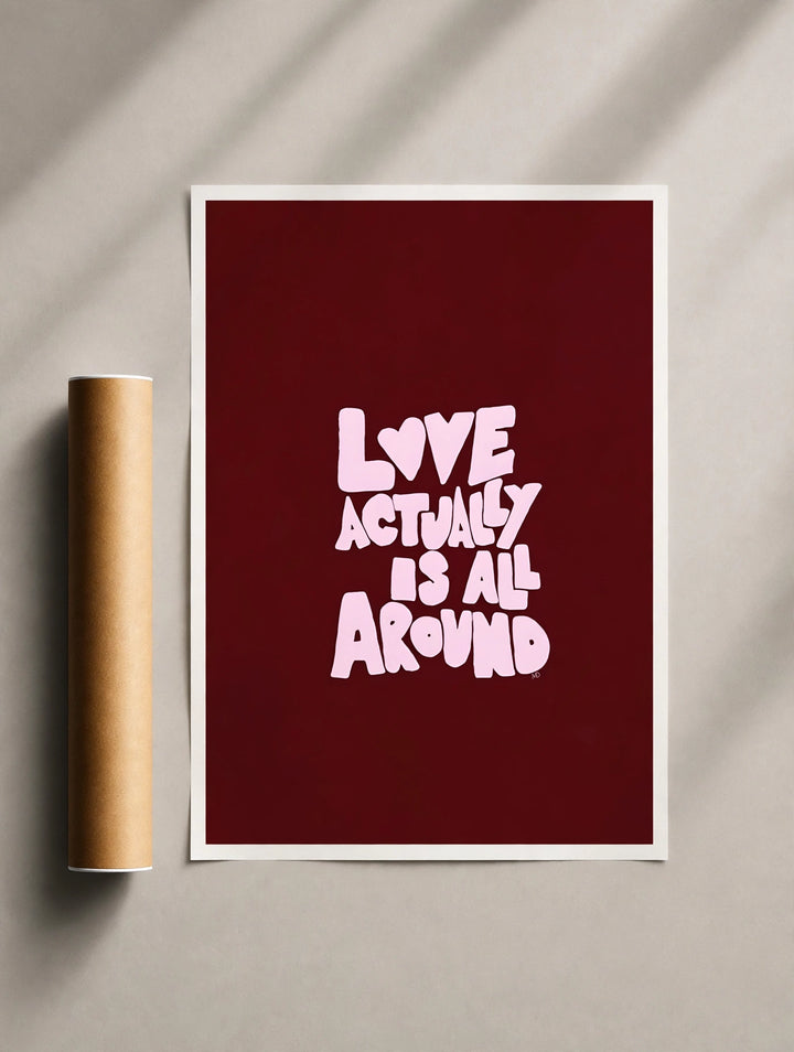 Romantic typography print with white text on deep red background, bordered in white