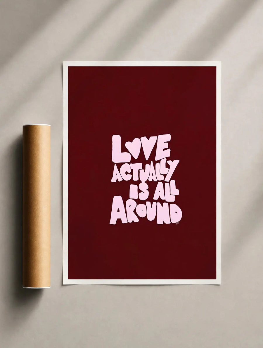 Romantic typography print with white text on deep red background, bordered in white
