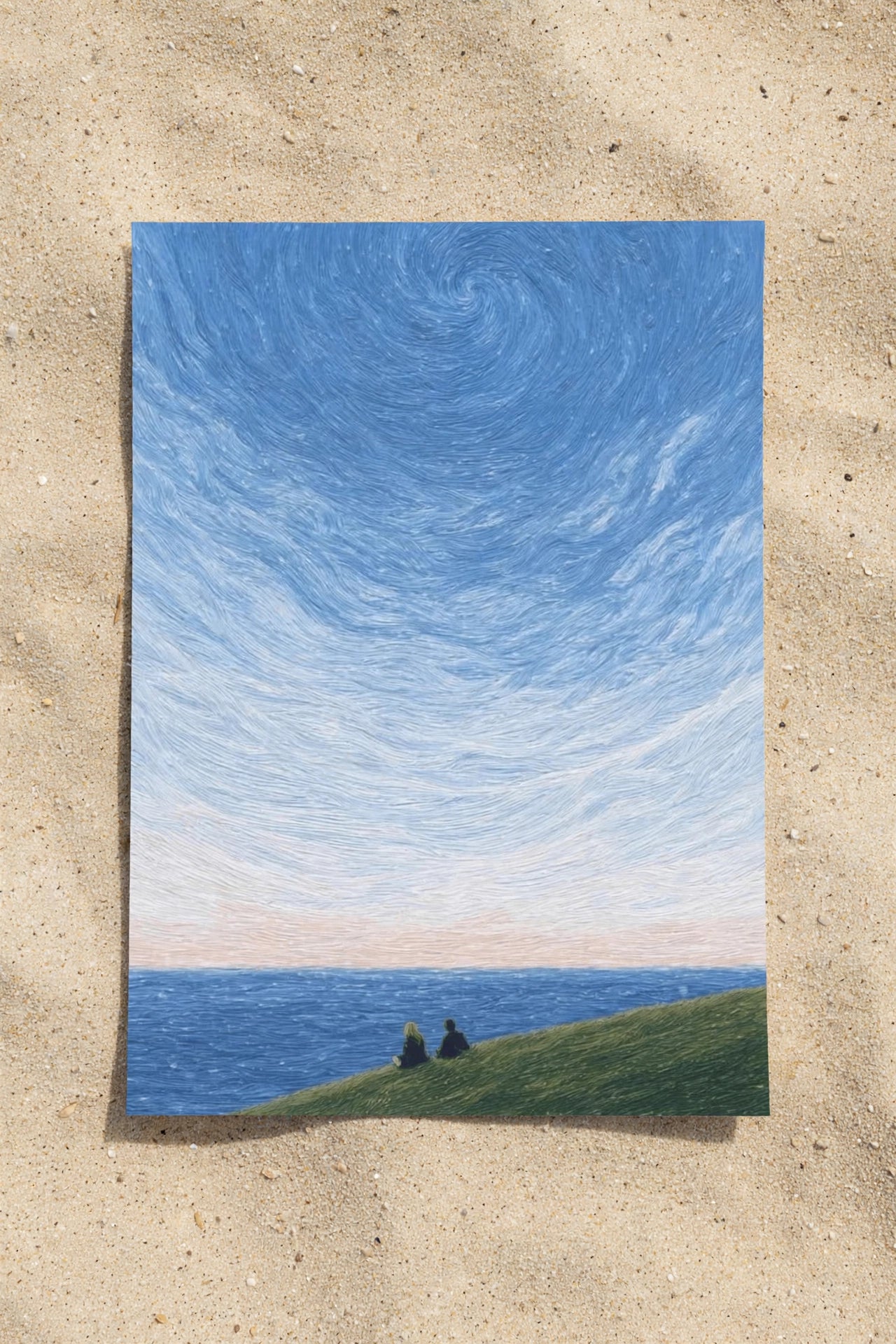 Coastal wall art: blue sea and sky with green hill and two people in the foreground