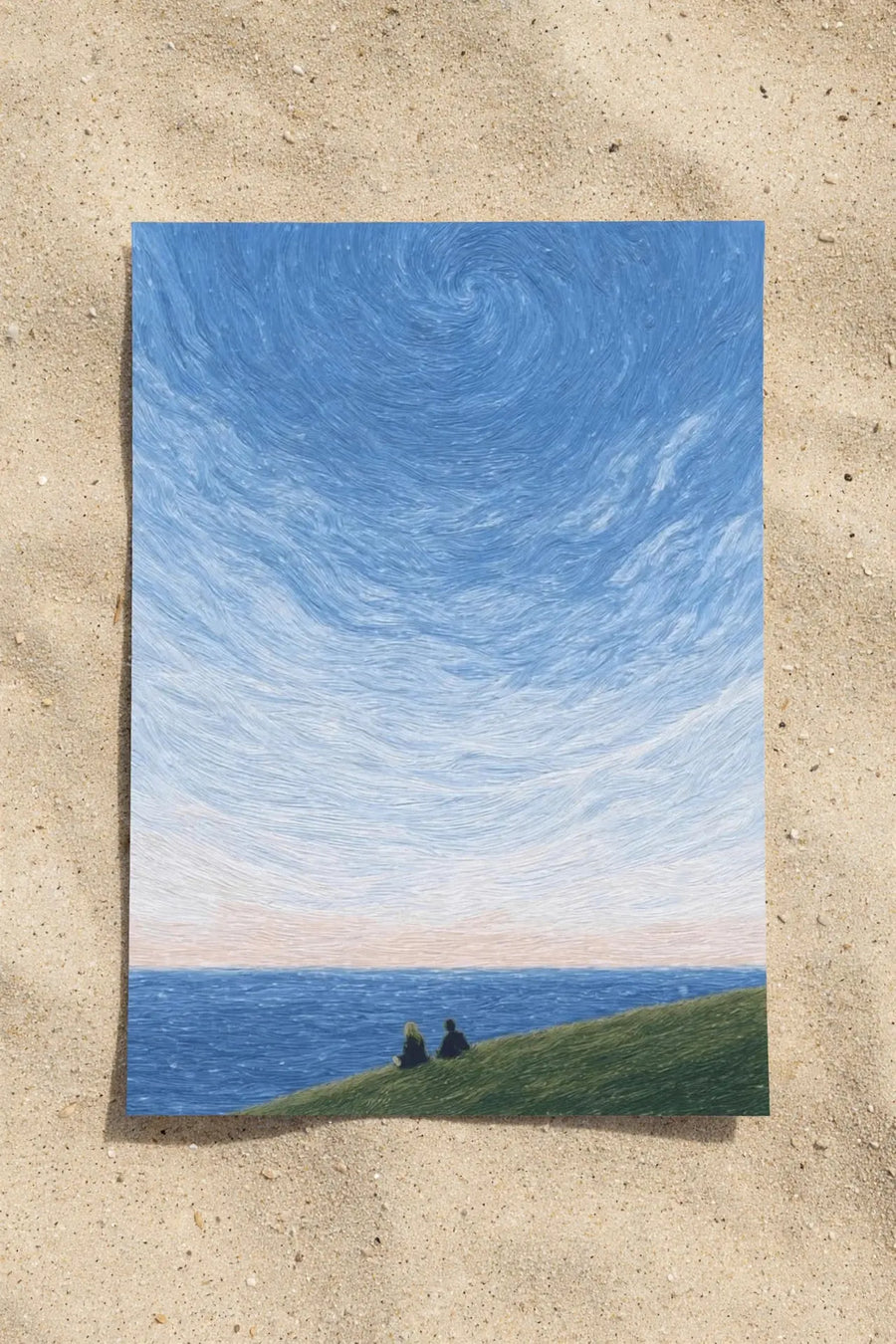 Coastal wall art: blue sea and sky with green hill and two people in the foreground