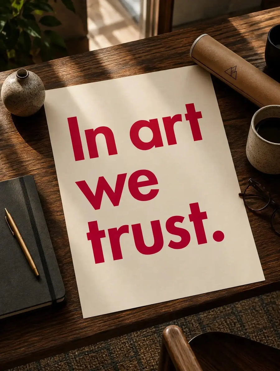 Typography wall print with large red 'In art we trust.' lettering on off-white sheet.