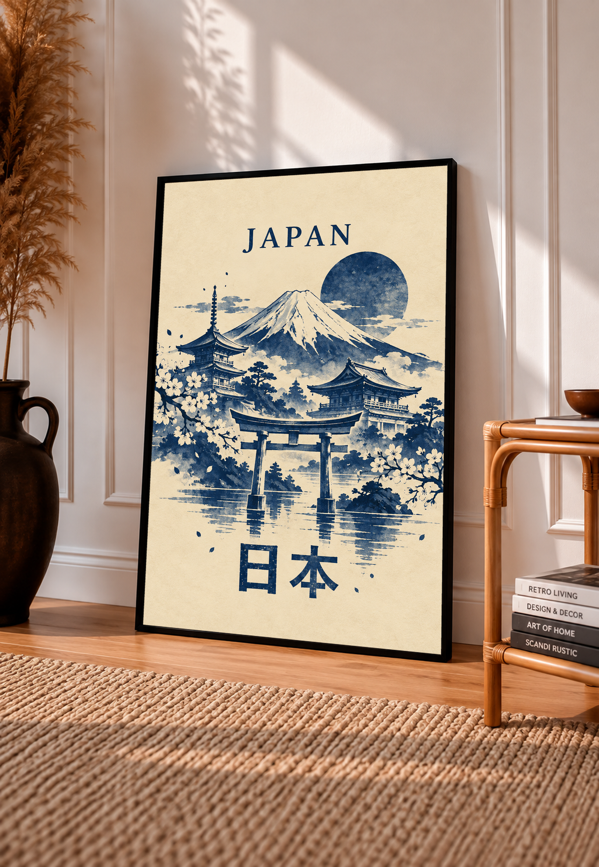 Black-framed Japan wall art with indigo Mount Fuji, torii gate, pagodas, moon