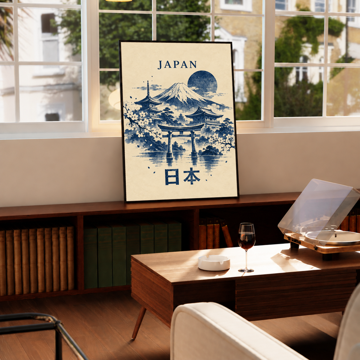 Black-framed Japan wall art with indigo Mount Fuji, torii gate, pagodas, moon