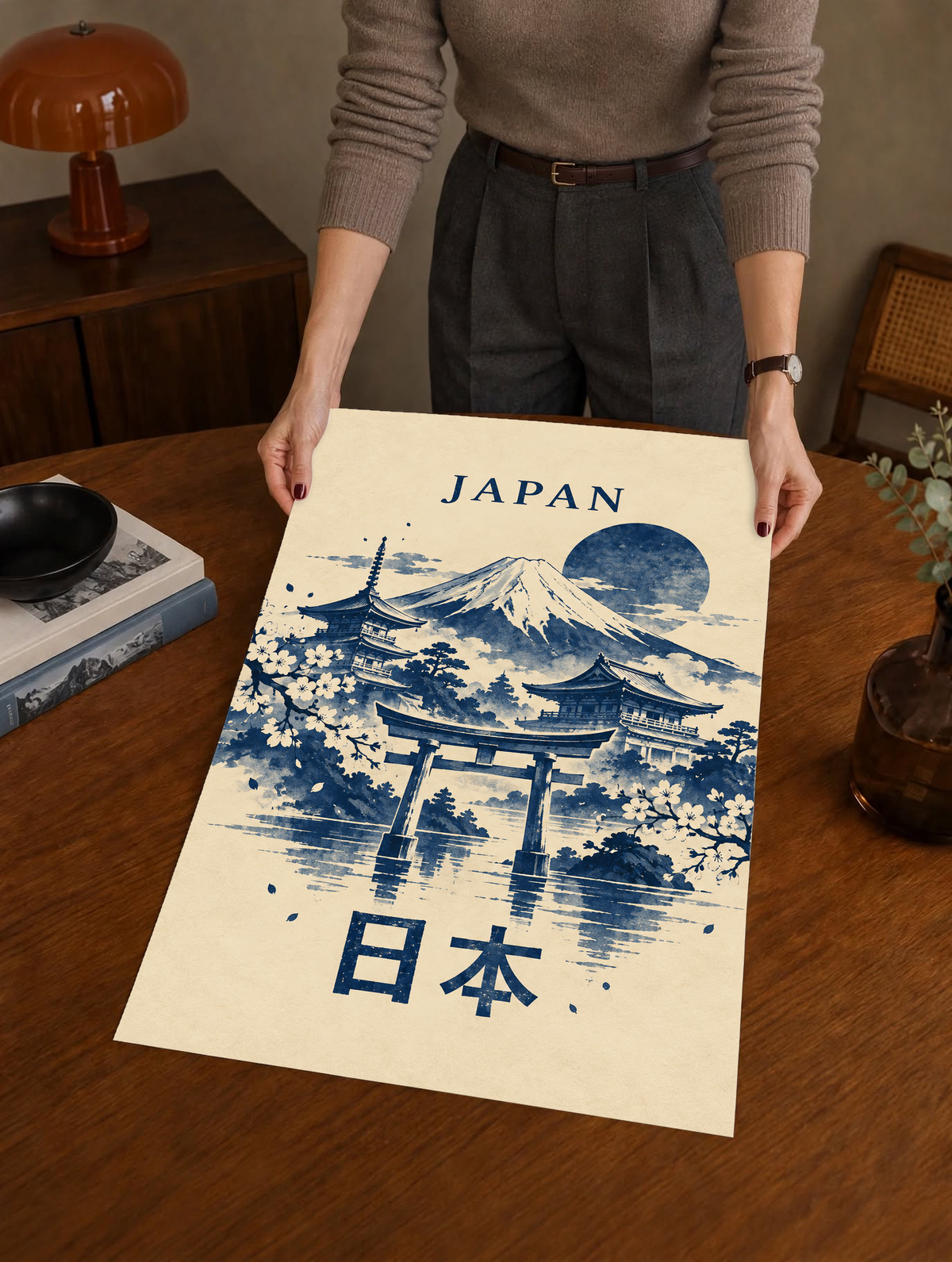 Japan print poster with Mount Fuji, torii gate, pagodas, moon, and water in indigo