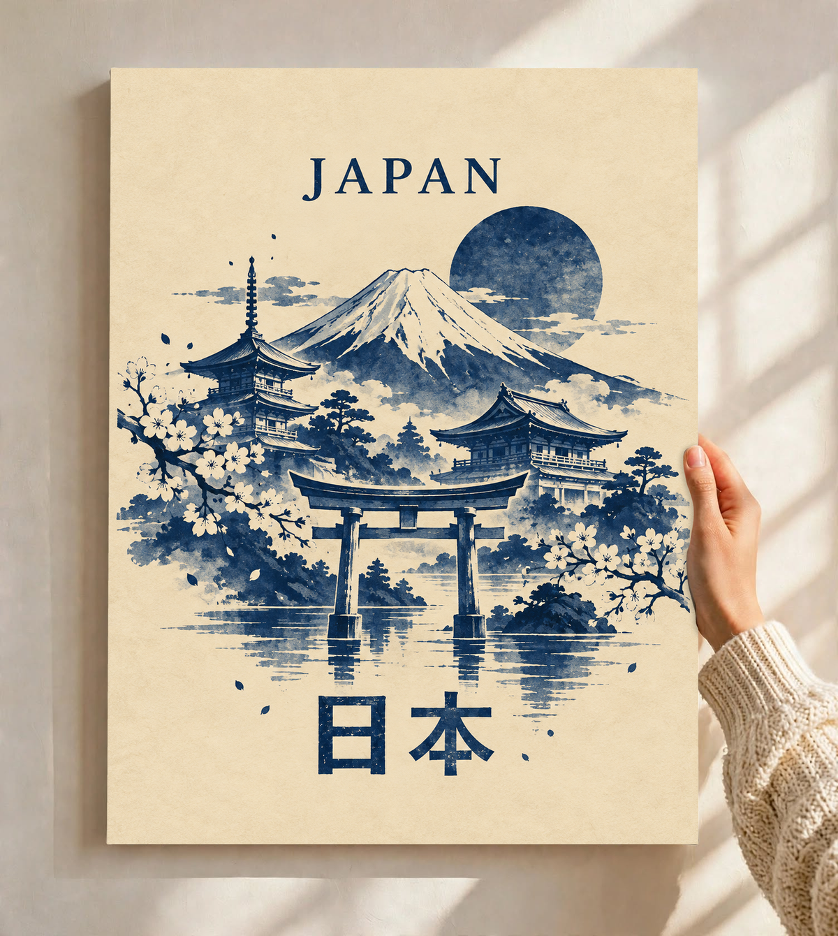Japan print on beige paper with indigo Mount Fuji, torii gate, pagodas, moon