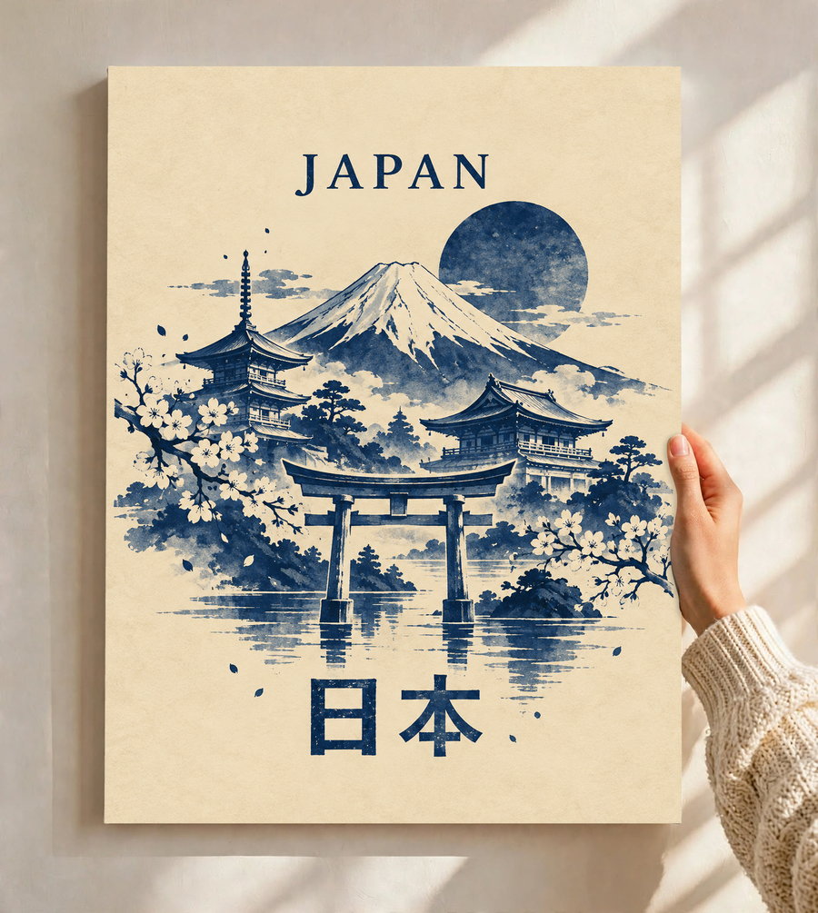Japan print on beige paper with indigo Mount Fuji, torii gate, pagodas, moon