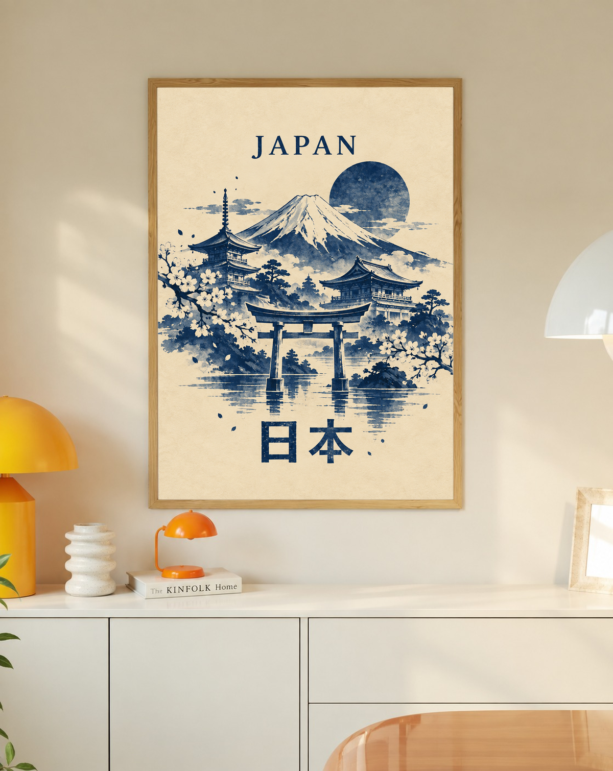 Framed Japan wall art: indigo Mount Fuji, torii gate, pagodas, moonlit water