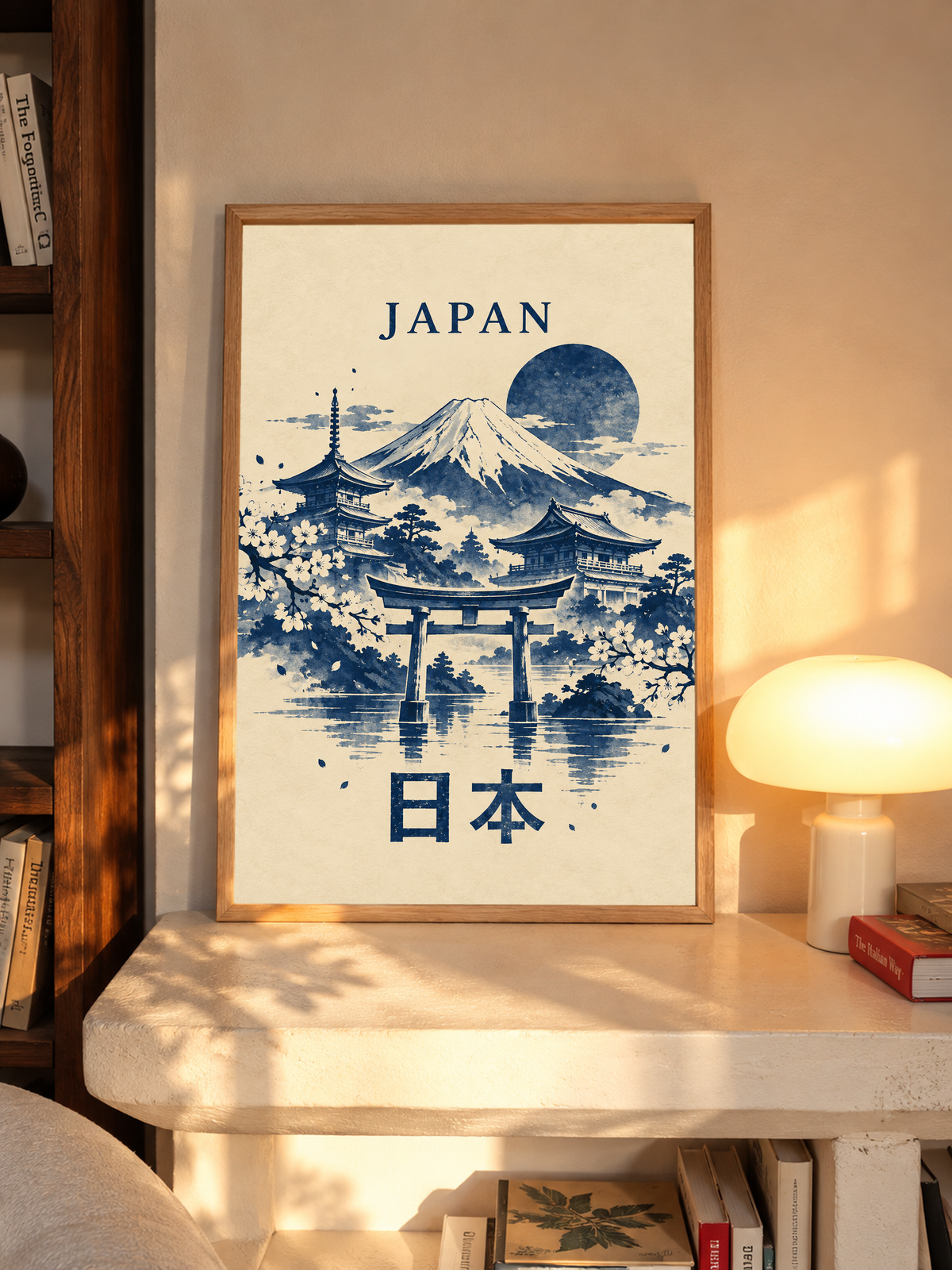 Oak-framed Japan wall art with indigo Mount Fuji, torii gate, pagodas, moon