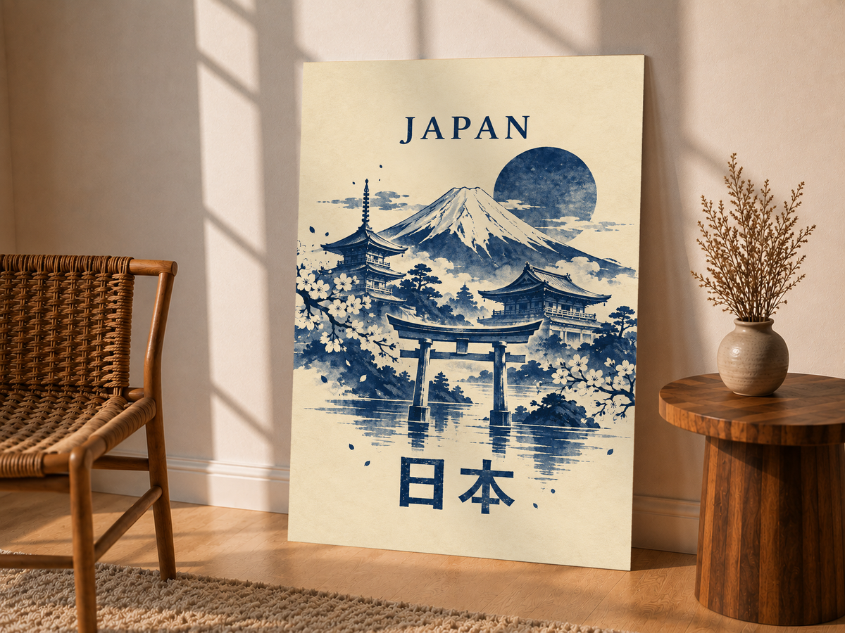 Japanese landscape art print with Mount Fuji, torii gate, pagodas, and moonlit water