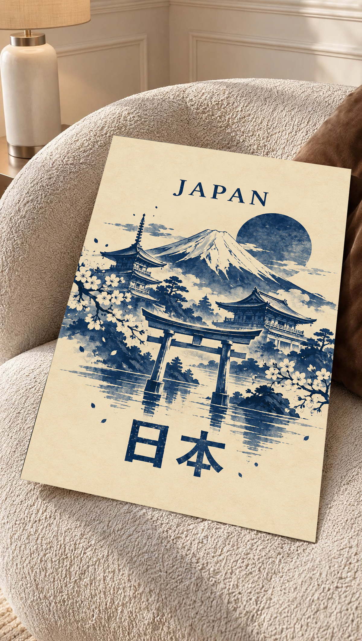 Unframed Japan print on beige paper with indigo Mount Fuji, torii gate, pagodas