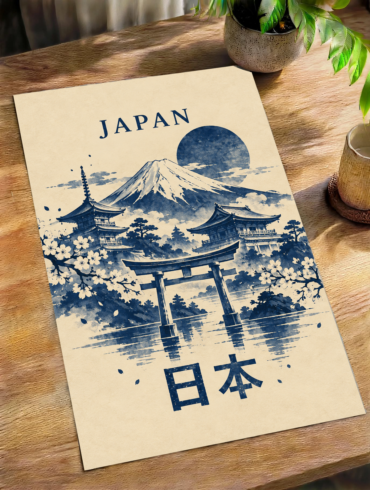 Unframed Japan print on beige paper with indigo Mount Fuji, torii gate, pagodas