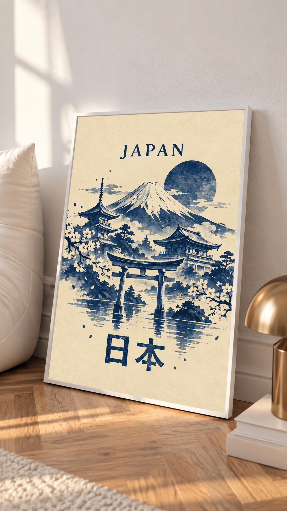 White-framed Japan wall art showing indigo Mount Fuji, torii gate, pagodas, moon
