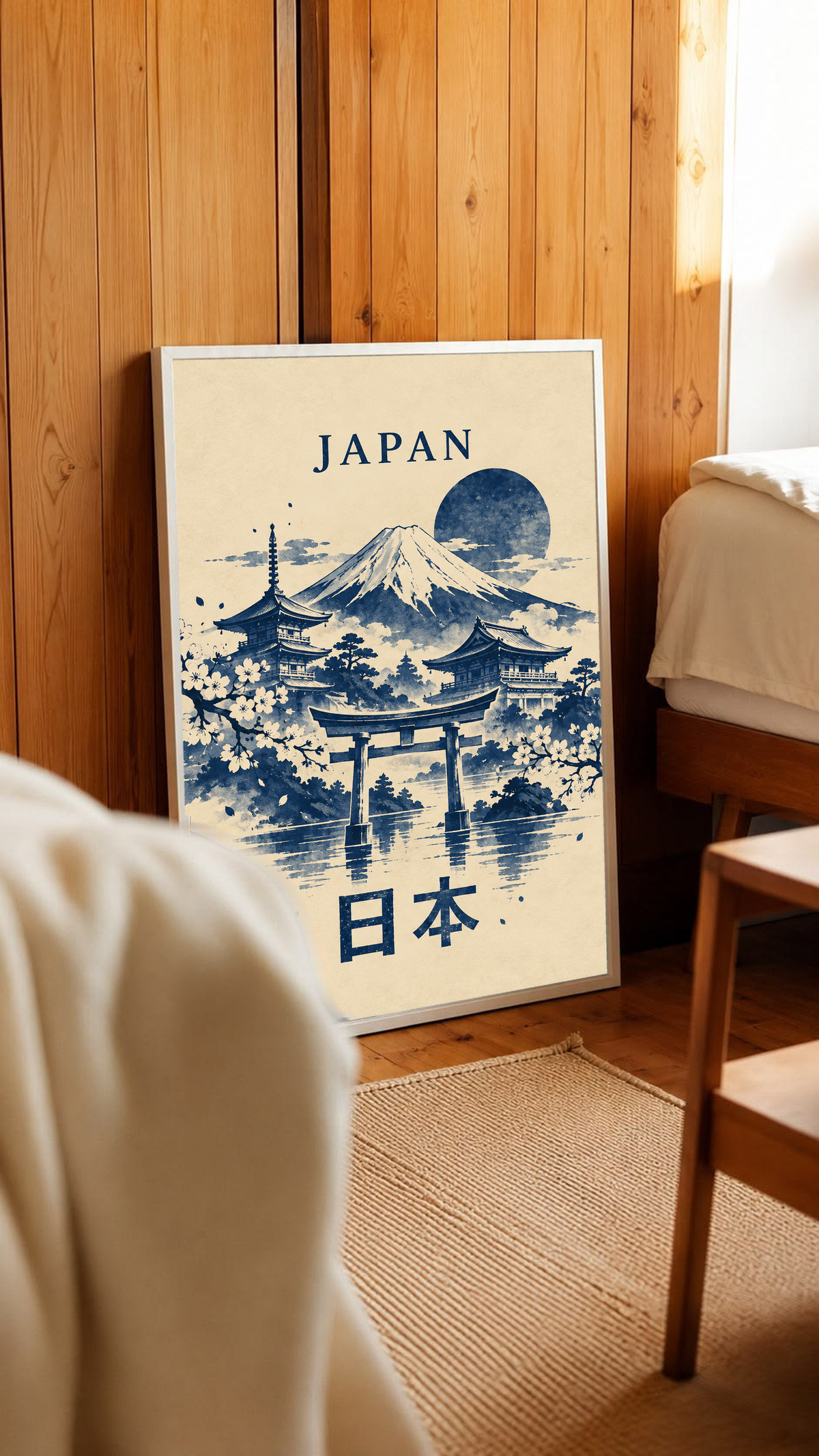 White-framed Japan wall art with indigo Mount Fuji, torii gate, pagodas, moon