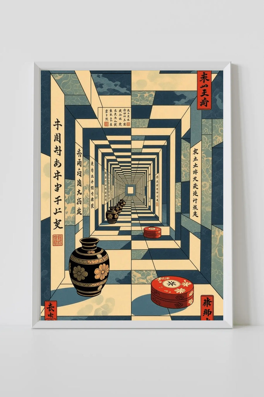 Framed surreal geometric corridor print with blue-gold pattern, vases, and red jars