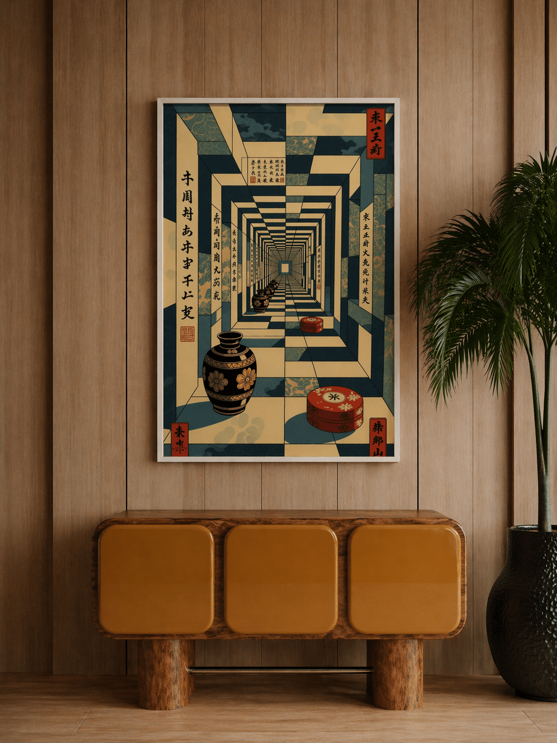 alt
Stampa incorniciata di corridoio surreale su parete in legno con motivo blu-oro ed etichette con sigillo rosso