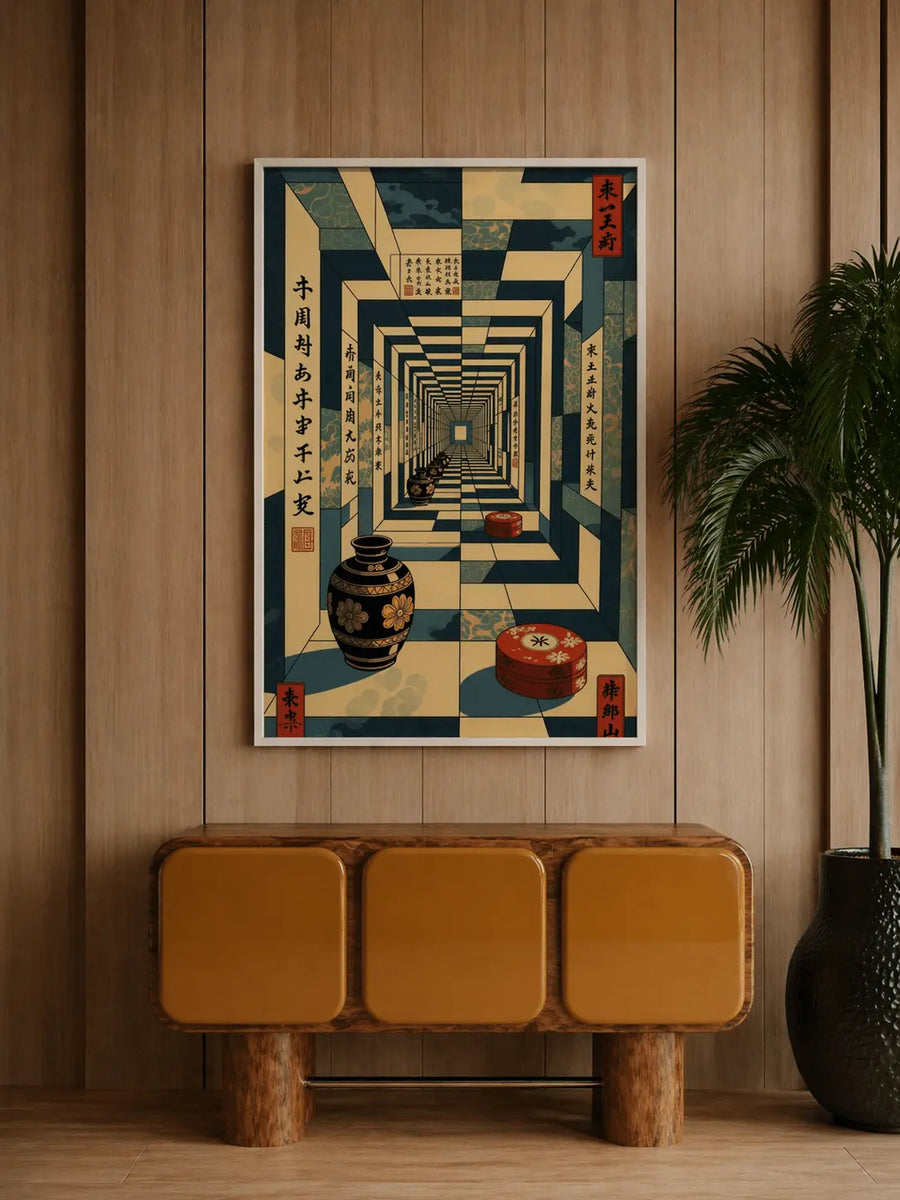 Framed surreal corridor print on wood wall with blue-gold pattern and red seal labels