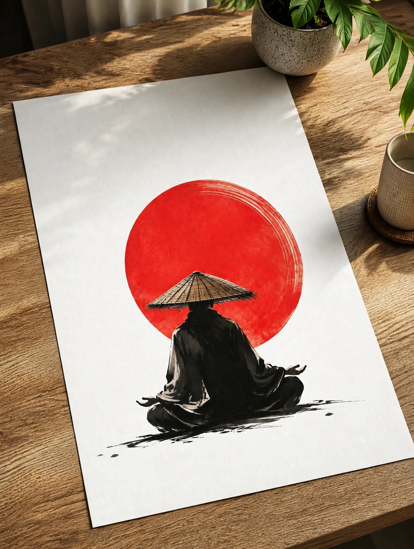 Samurai art print poster with red sun and seated black figure, kimono silhouette