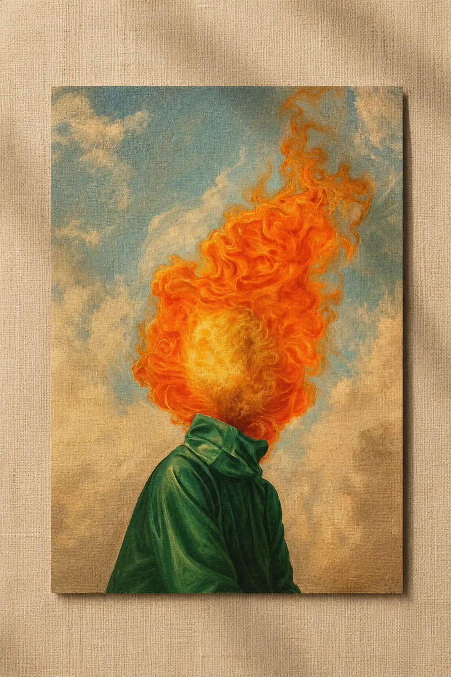Flammen-Wandkunst mit orangefarbenem Feuer, das aus einer Person im grünen Umhang emporsteigt