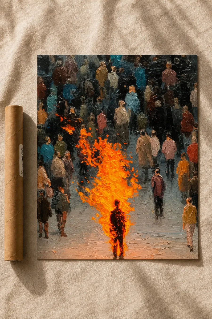 Fire in the Crowd artwork: crowded figures around a bright orange flame