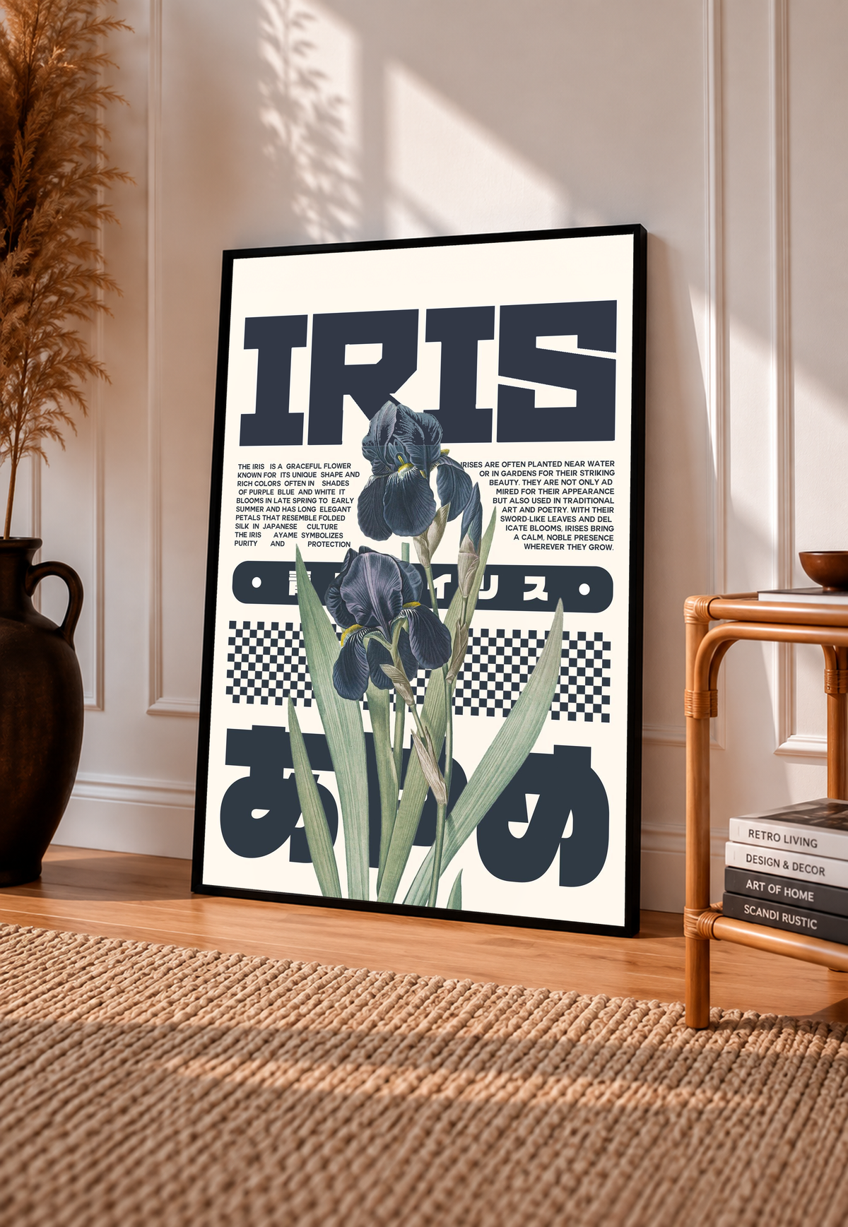 Botanical typography poster with iris flowers and bold IRIS lettering in black frame