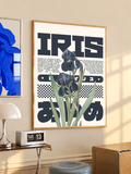 Botanical typography poster with iris flowers and bold IRIS lettering in brown frame